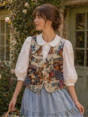 Vintage Facets Tapestry Button Vest in Cream and Multicolor Kittens and Puppies!